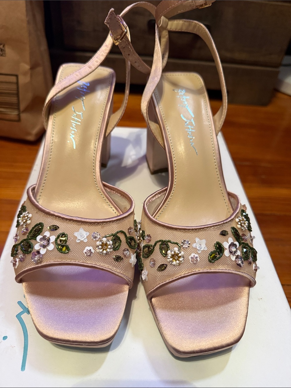 Betsey Johnson Kirra Blush Pink Satin Heeled Sandals - Floral Design